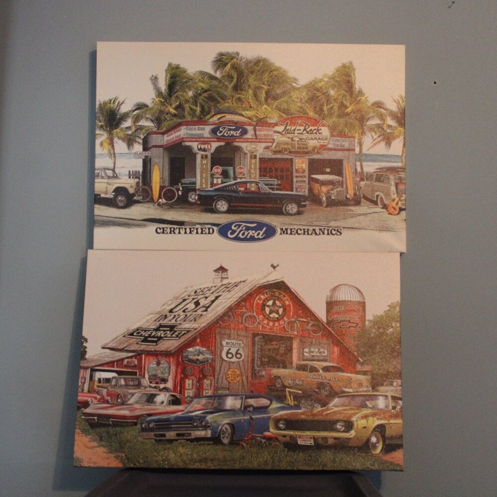 Set of 2 Canvas Wall Art Vintage Cars Gas Station Open Road NWT